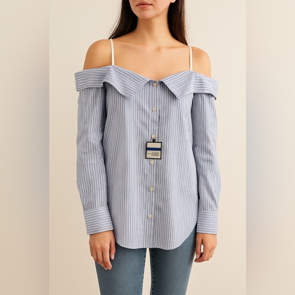 MADISON NWT  blue/white LE MARAIS STRIPED BUTTON UP
OVER THE SHOULDER TOP XL